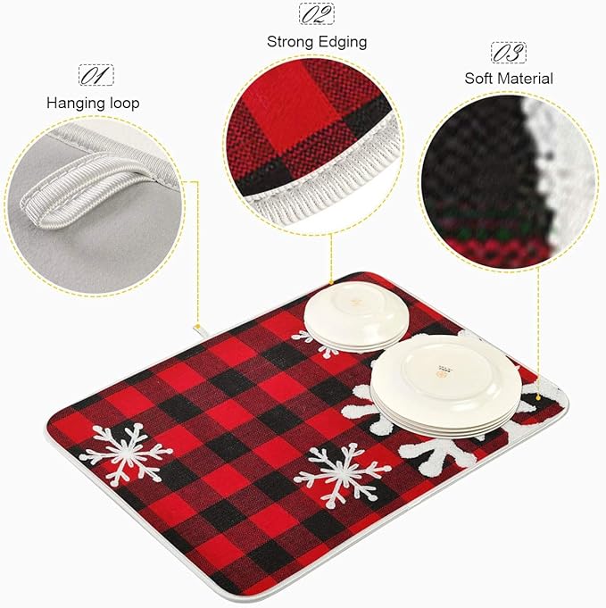 Christmas Red Plaid Snow Snowflake Dish Drying Mat 16x18 inch Red Black Lattice Texture Dish Drainer Kitchen Counter Mats Bottles Dish Dry Pad Protector for Kitchen Countertops