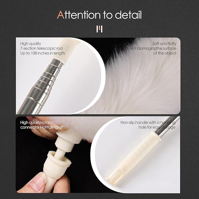 FeelfunFeather Extendable Lambswool Duster 29-110 Inch,Anti-Static Flexible Head, Stainless Steel Pole for Cleaning High Ceiling,Fan,Furniture,Roof Dusting