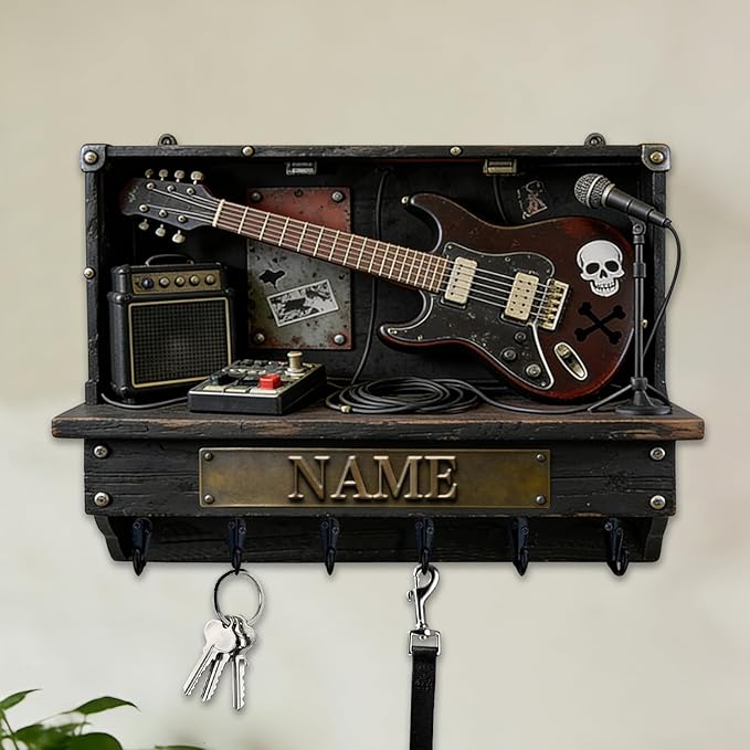 Custom 2D Flat Print Rock Guitar Key Storage Holder for Music Lover Family Friends Music Themed Wall Hooks Personalized Vintage Guitar Stand Name Key Rack Coat Holder for Culb Living Room Hallway