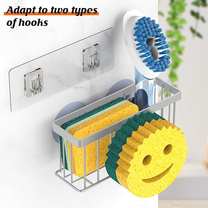 MURLONG Sponge Holder Smiley Face,Sink Caddy,Kitchen Organizer with 2 Suction Cups/1 Adhesive Strips,Designed for Sponge,Soap,Dish Brush,Scrubber - Gray