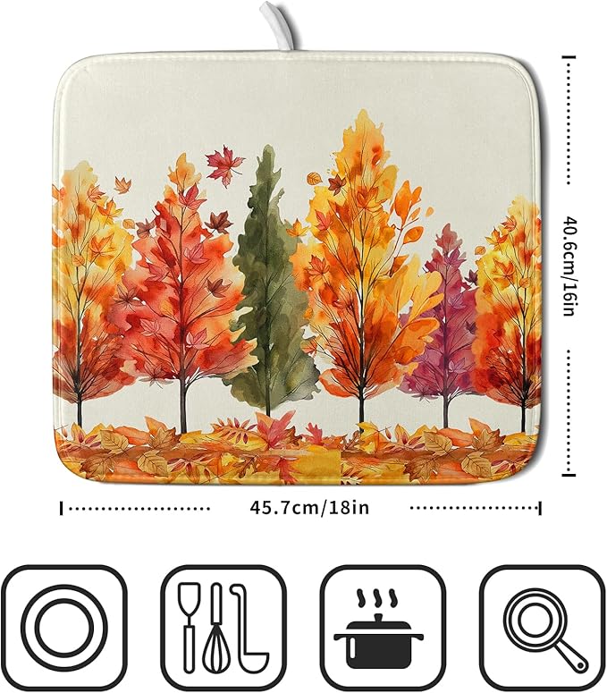 Fall Maple Leaves Dish Drying Mat for Kitchen Counter 18x16 Inch Watercolor Autumn Drying Mat with Absorbent Reversible Microfiber Orange Dish Drainer Mats Rack Pad for Coffee Countertop Protector