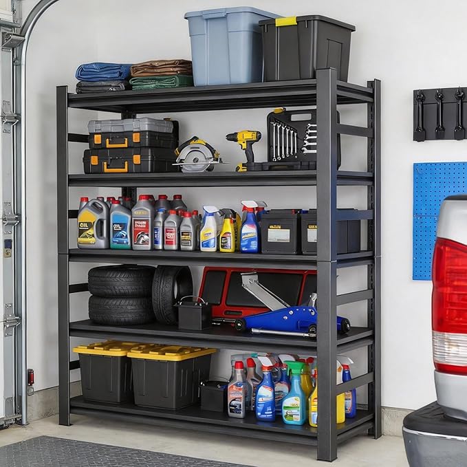 Metal Garage Shelving Unit,Heavy Duty 5-Tier Adjustable Storage Rack,Steel Shelving, 3000 lbs Capacity, Industrial Shelves for Heavy Tools and Equipment, Ideal for Garage (72"H×47.2"W×23.6"D)
