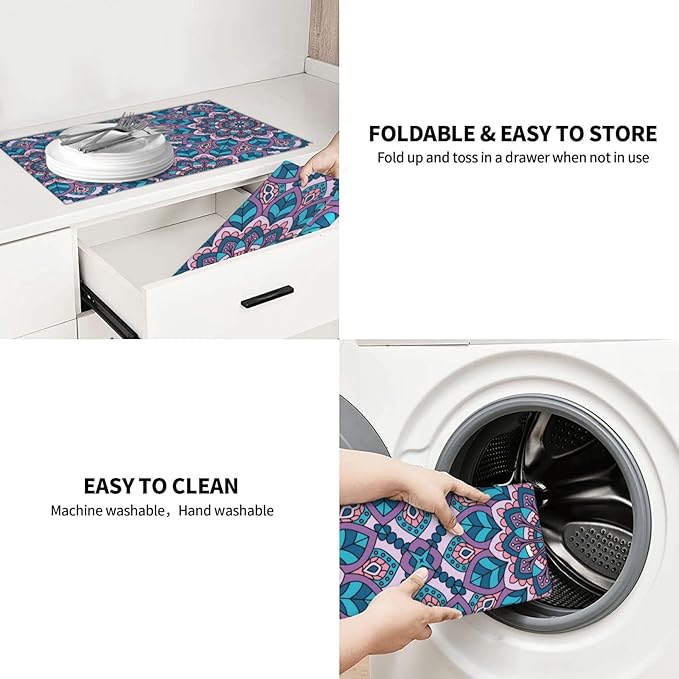 Boho Blue Purple Floral Pattern Dish Drying Mat 18x24 For Kitchen Counter Absorbent Microfiber Dishes Pad Dish Drainer Rack Mats Fast Dry Kitchen Accessories