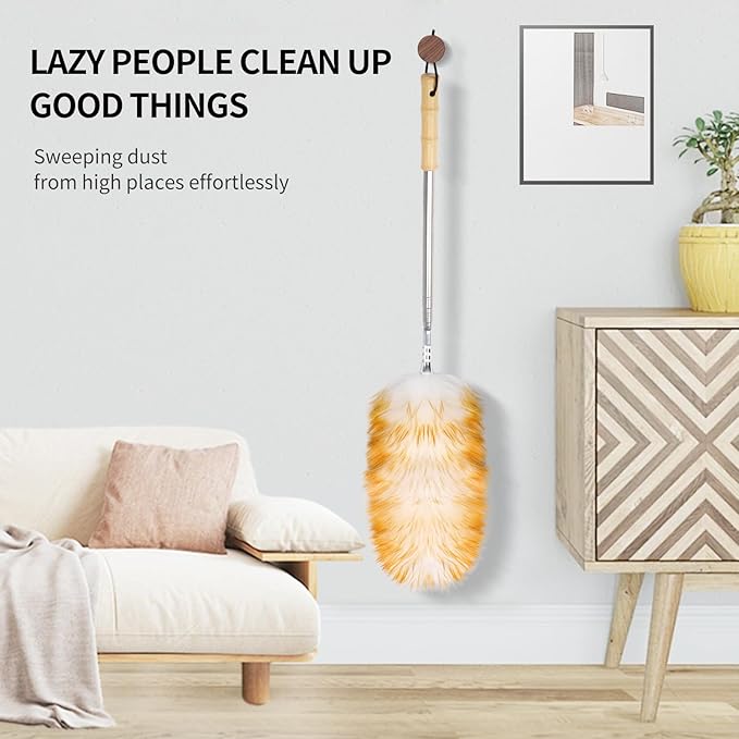 FeelfunFeather Feathers Duster,Long Telescoping Lambswool Dusters with Stainless Steel Extension Pole Up to 87.8" for Cleaning High Ceiling Fan, High Ceilings,Furniture,Hard to Reach Areas