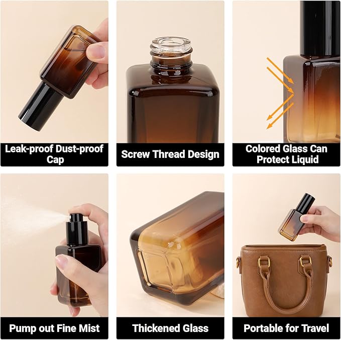 Segbeauty 1.7oz Amber Glass Spray Bottles Empty for Travel, 2pcs Perfume Refillable Travel Size Spray Bottle for Hair, 50ml Fine Mist Perfume Atomizer Sprayer, Small Liquid Containers Empty Bottles