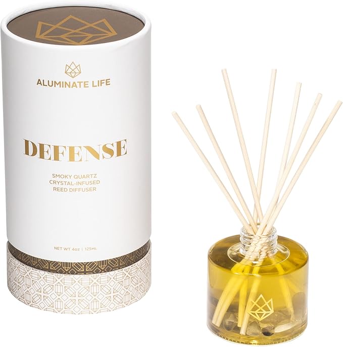 Crystal Infused Reed Diffuser, 4 OZ, Defense - Smoky Quartz Crystal Infused - Scents of Frankincense, Neroli, & Sage - Home Decor, House Warming, Room, Stick Perfume, Coffee Table