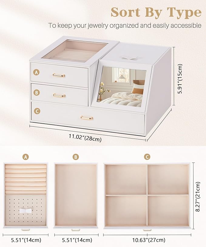 Homde Women Mirror Jewelry Box: Organizer Case with Clear Lid for Ring Necklace Earring - Birthday Gift for Young Women (White)