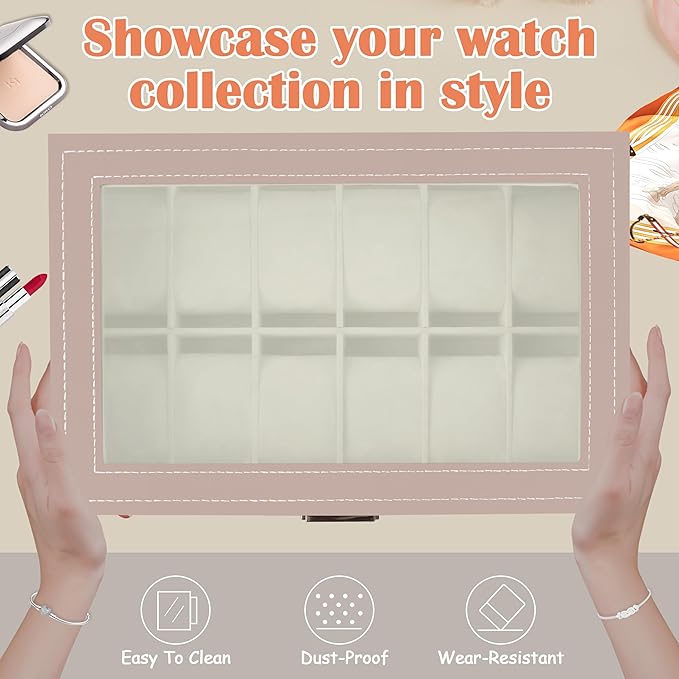Ogrmar 12 Slot PU Leather Lockable Watch Storage Boxes, Men & Women Jewelry Display Drawer Case, 2-tier Organizer Watch Showcase with Glass Lid (Pink)