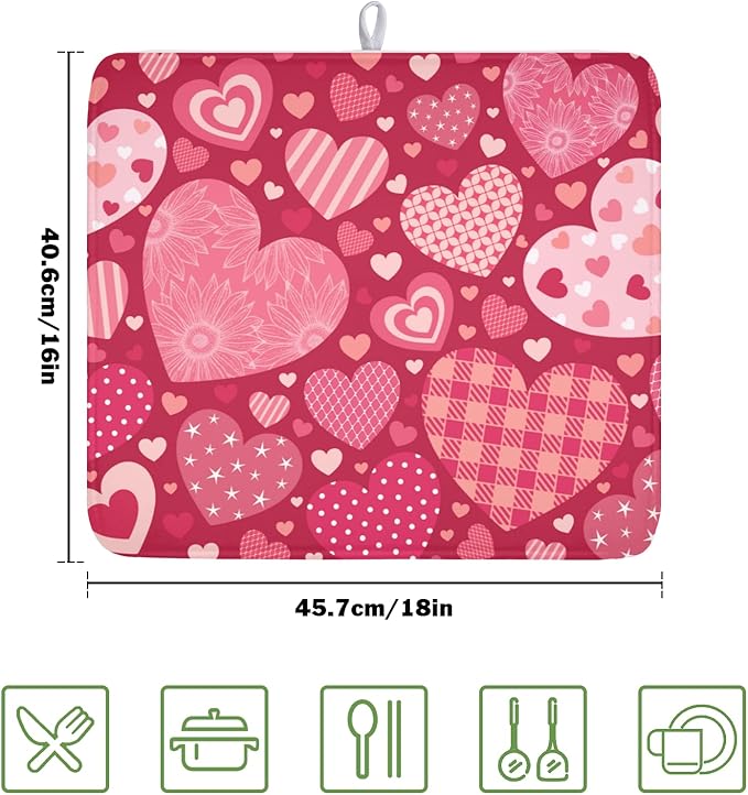 ABSOP Valentine's Day Dish Drying Mat 16 x 18 Inch Heart Shaped Pattern Dish Drying Pad Absorbent Microfiber Mats for Red Dish Rack Pad for Kitchen Counter Coffee Bar Decor