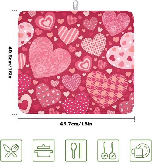 ABSOP Valentine's Day Dish Drying Mat 16 x 18 Inch Heart Shaped Pattern Dish Drying Pad Absorbent Microfiber Mats for Red Dish Rack Pad for Kitchen Counter Coffee Bar Decor