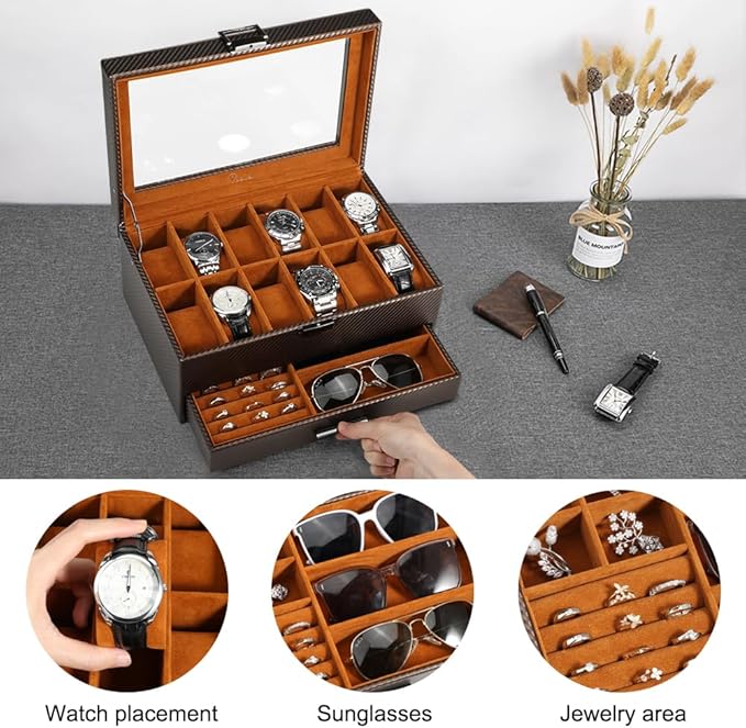 Voova Jewelry Box Watch Boxes Organizer for Men Women,2 Layer Large 12 Slot PU Leather Watch Storage Case,Glass Top Jewelry Display Holder for Watches Sunglasses Rings Necklaces Bracelets,Coffee+Brown