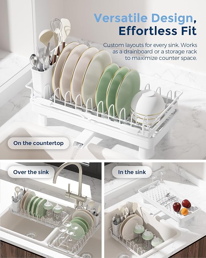 Nacial 2-in-1 Small Dish Drying Rack Fits 14''–21.8'' Sink, Dish Drainers for Kitchen Counter Extend Kitchen Sink Drain Basket with Utensil Holder & Auto-Drain Tray, Stainless Steel Plate Rack, White