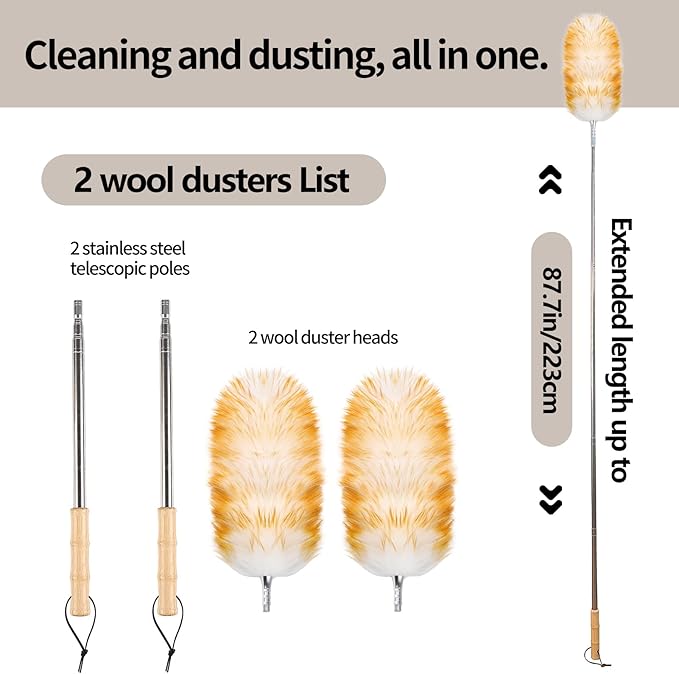 iHUFeather Lambswool Duster for Cleaning with Solid Wooden Handle Leather Hang Strap 87.8" Removable Retractable Feather Duster for Cleaning Ceiling Fans Window Blinds Interior Roof Furniture(2 Pack)