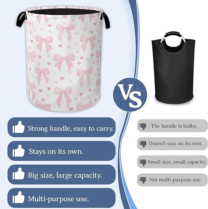 Cute Pink Bow Laundry Basket,Foldable Oxford Cloth Heart Laundry Hamper with Handles, 20.8"x16" Tote Bag Clothes Storage Bucket for Laundry Room/Bathroom/Bedroom/Dormitories