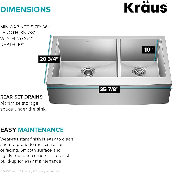 Kraus KHF203-36 Standart PRO Kitchen Stainless Steel Sink, 36 Inch Round Apron 60/40 Double Bowl