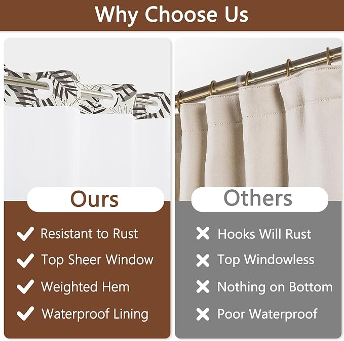 TQUQOBU No Hook Tropical Brown Beige Leaves Shower Curtain and Liner Set, Minimalist Boho Vintage Botanical Hotel Style Waterproof Fabric Shower Curtain with See Through Top Window, 71x74 Inch