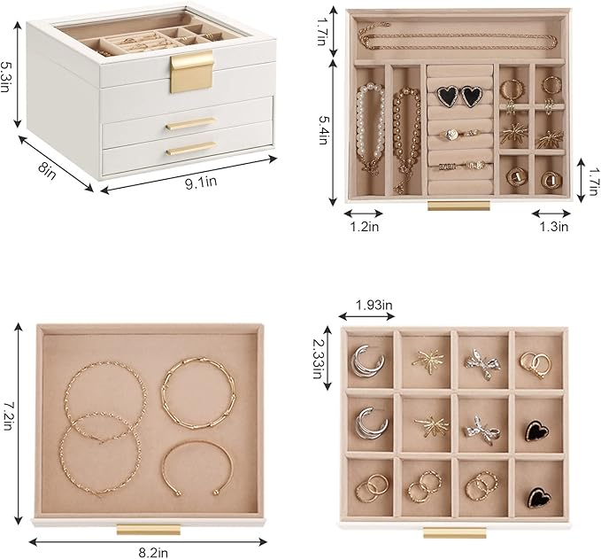 Jewelry Box Organizer for Women,3 Layers PU Leather Jewelry Storage Display Box with Glass Lid,Gift for people,3 Drawers,Large Capacity for Necklace Earrings Bracelets Rings,White