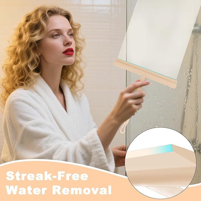 DEOFUXT Squeegee for Shower Glass Doors, Resilient Loop - No-Drill & Adhesive Hook, Silicone Shower Squeegee with Stainless Steel Core, Cleaning Tool for Home, Kitchen, Bathroom & Car - Beige