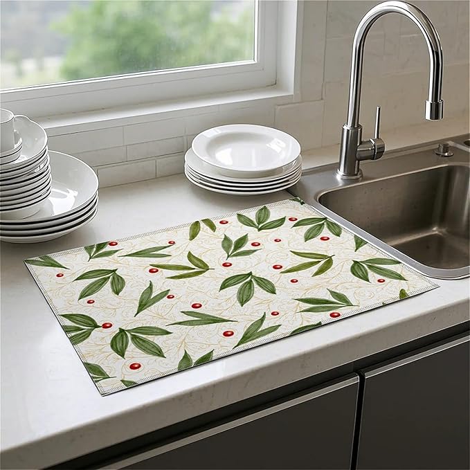 Dish Drying Mat For Kitchen Counter, Green Leaves Beige Microfiber Absorbent Dish Drainer Rack Pad Reusable Large 18x24in Drying Mat