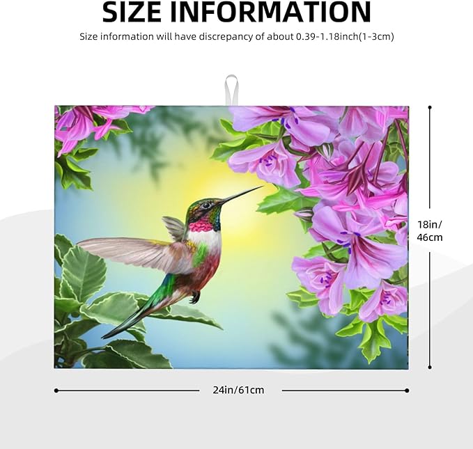 Floral Hummingbird Dish Drying Mats for Kitchen Counter Large Drying Mat for Dishes Microfiber Dish Rack Mat Kitchen Decor Spring Flower Drainer Pad Ultra Absorbent Dry Mat 18×24 Inch