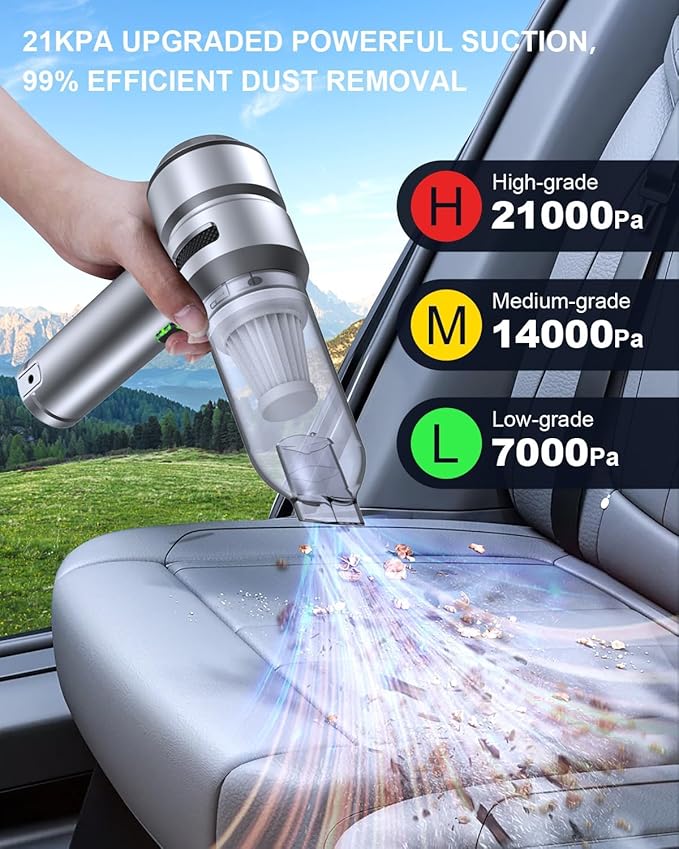 VNOST Car Vacuum,3 Suction Modes,Portable Mini Cordless Cleaner with 21000pa Suction Power,Type-C Charge,Handheld Vacuum for Home,Car, Office Desk, Keyboards(Fantasy Silver)