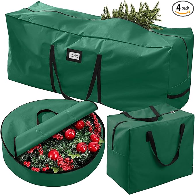 3 Pack Christmas Tree Storage Bag, for Artificial Trees up, Sturdy Waterproof With Reinforced Carrying Handles, Xmas Holiday Garland Bag Storage Case (Green, 9 Ft)