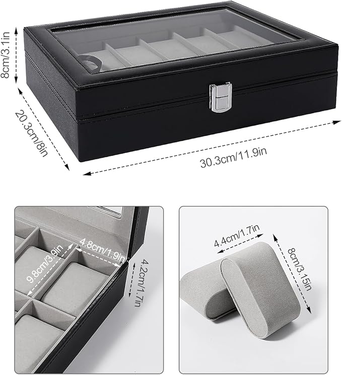 Uten Watch Box, 12 Slots Leather Watch Case, Watch Box Organizer Jewelry Storage with Large Glass Lid, Watch Display Case, Watch Box for Men & Women