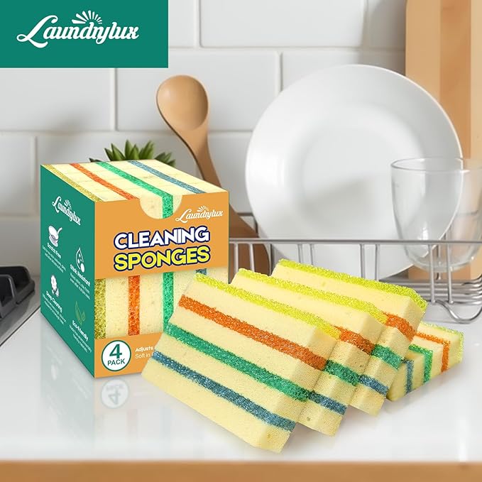 LAUNDRYLUX 4 Pack Scrub Sponge - Temperature-Responsive - 50% More Power & Rinses Cleaner Cleaning Sponges, Multipurpose Dish Sponges for Kitchens, Bathrooms, and Outdoor Use - Patent Pending