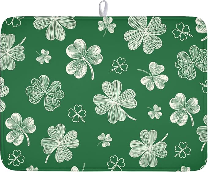 ABSOP St Patrick's Day Dish Drying Mat 18 x 24 Inch Green Shamrock Dish Drainer Rack Mat Absorbent Microfiber Mats for Spring Lucky Clovers Dish Pad for Kitchen Coffee Bar Decor