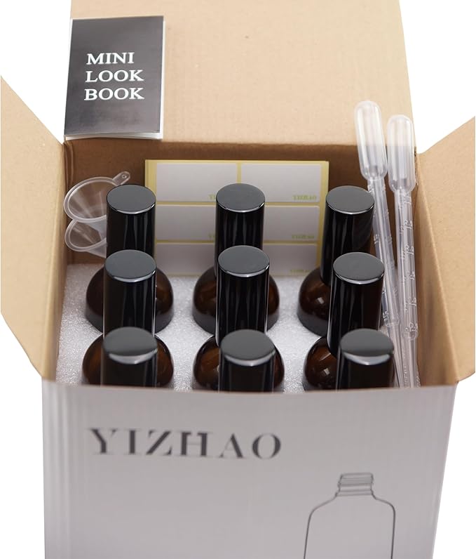 YIZHAO Amber Glass Spray Bottles 4oz, with Small Fine Mist Spray, Metal Cap, Refillable for Essential Oil,Travel,Cleaning,Perfume,Aromatherapy,Makeup – 9 Pcs