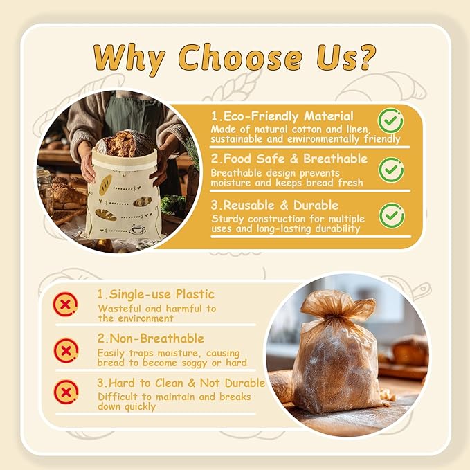 Zadoreck Reusable Beeswax Bread Bags Set – 2 Large Organic Linen Bread Bags (17 x 13 Inches) + 3 Beeswax Wraps for Food, Homemade Bread, Bagel,Sourdough, Freezer Safe & Keeps Food Fresh
