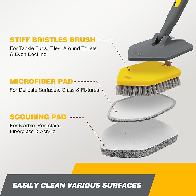 Daliper Shower Scrubber with Long Handle for Cleaning, 56" Extendable 3 in 1 Shower Cleaner Brush, Interchangeable Tub Scrub Brush Attachment for Cleaning Bathroom Bathtub Floor Wall