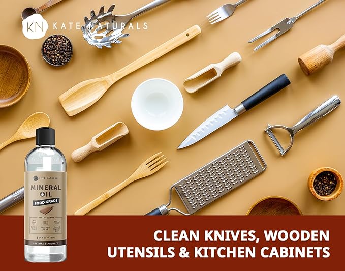 Kate Naturals Mineral Oil for Wood Cutting Board, Butcher Block, and Knife. Food Grade Mineral Oil for Wooden Cutting Board & Utensils (16oz, Food Safe)