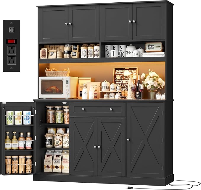 HIFIT 72.8” Tall Kitchen Pantry Cabinet with LED & Charging Station, 55” Wide Farmhouse Pantry Storage Cabinet with Microwave Stand&Shelves&Barn Doors, Black Kitchen Hutch Coffee Bar for Living Room