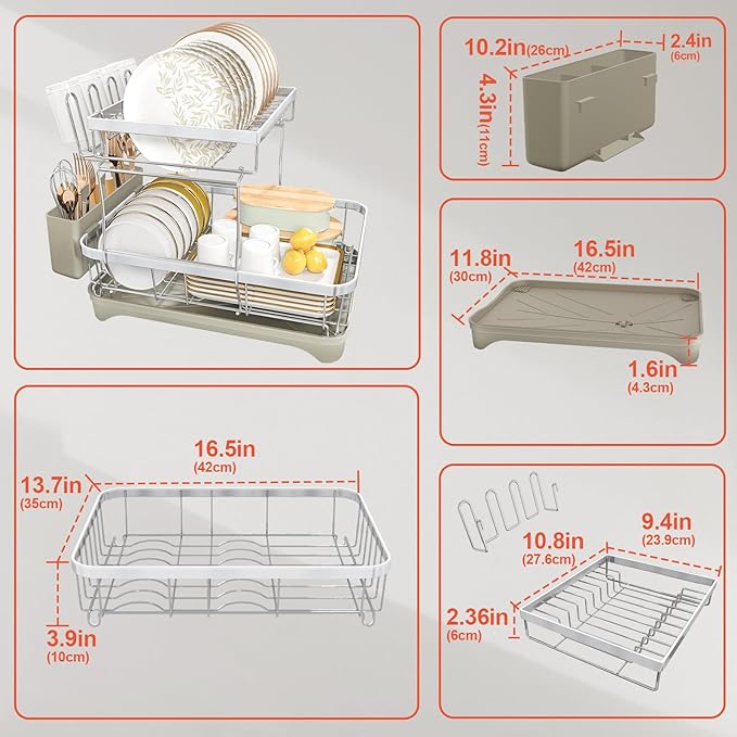 HOMEAILIE 2-Tier Dish Drying Rack for Kitchen Counter, 304 Stainless Steel Dish Rack with Adjustable Drainboard, Removable Utensil Holder & Water Tray, Grey