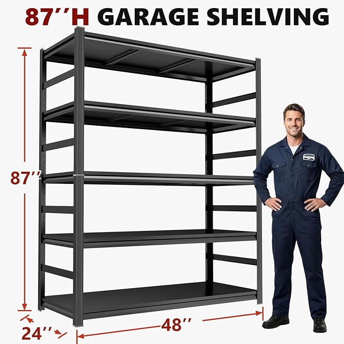 Notmise Garage Shelving 5-Tier Heavy Duty Adjustable Metal Storage, 2500Lbs Industrial Shelf Unit Black, Easy to Assemble (87" H x 47.2" W x 23.6" D)
