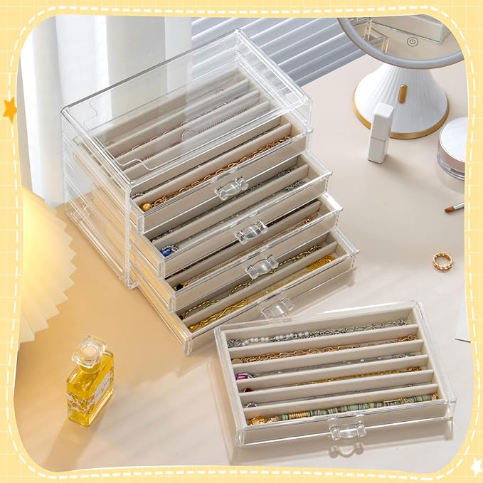 Necklace Organizer Box with 5 Drawers 30 Compartments, Dustproof Velvet Necklace Display Tray, Acrylic Necklaces Display Case, Pendant Chains Necklace Storage Tray Gift for Women and Girls (Beige)