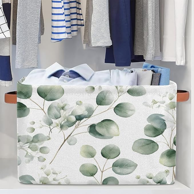 Eucalyptus Leaves Storage Basket for Shelves, Storage Bins with Handles, Collapsible Basket for Organizing, Closet Toy Baskets for Nursery Room, 15x11x9.5 in, Canvas, Sage Green