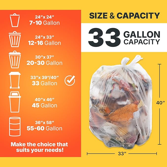 Bagtron 33 Gallon Trash Bags, 16 Micron High Density Pure HDPE Garbage Can Liners Bulk, 33" x 40", Natural Clear, 250 Count