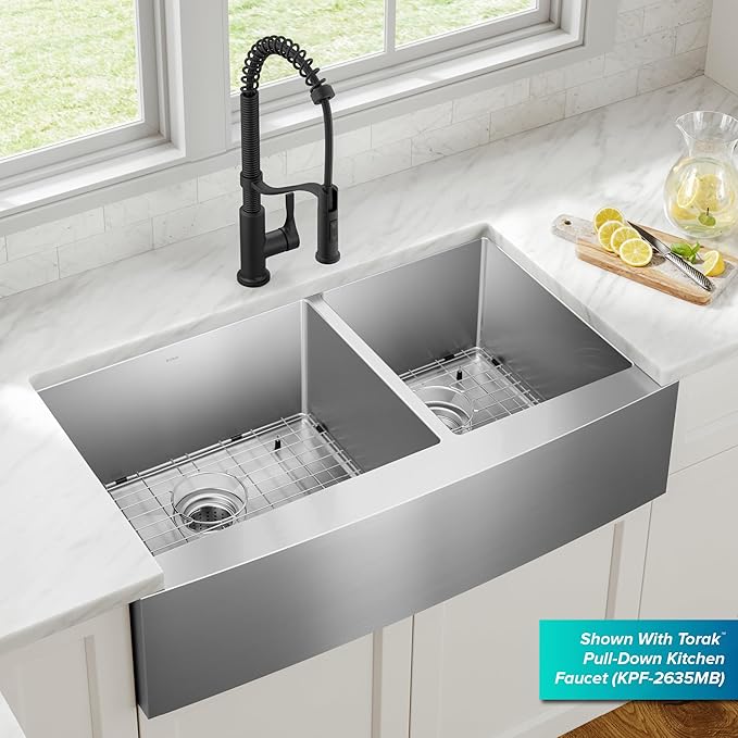 Kraus KHF203-36 Standart PRO Kitchen Stainless Steel Sink, 36 Inch Round Apron 60/40 Double Bowl