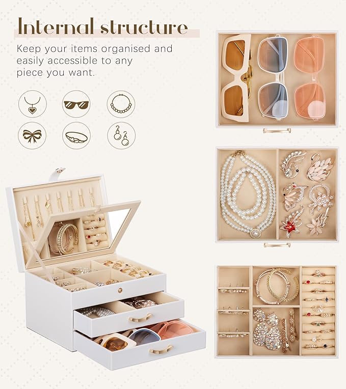 White Jewelry Box Organizer: Home Decor for Women - 2-Drawer Holder for Valentine’s Day Birthday Gift White Gold