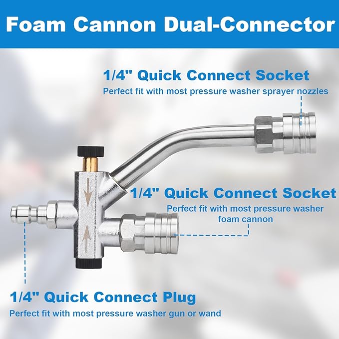 DUSICHIN Pressure Washer Short Gun Foam Cannon 1/4" Quick Connector,Car Wash Foam Gun Kit Dual Connector Accessory,Pressure Washer Nozzle Tips 3/8'' Swivel Quick Connector,Not Use with Garden Hose