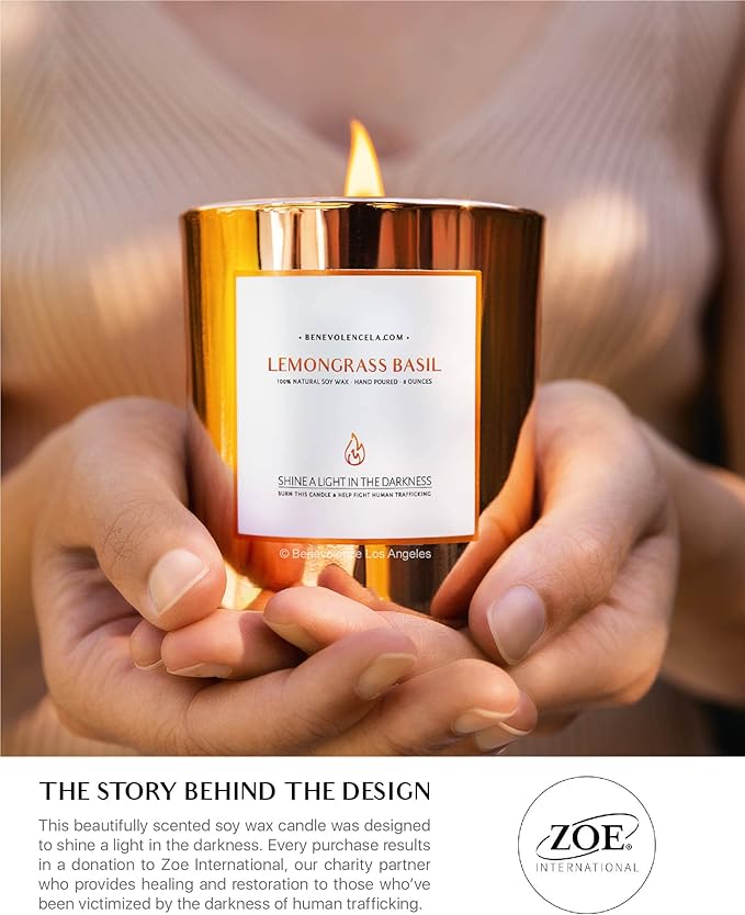 Benevolence LA Lemongrass & Basil Wood Wick Candles | Soy Christmas Scented Candles for Home | Holiday Candle Gifts for Women and Men | Home Fragrance | Aromatherapy | Shelf Decor | 8oz, 45 Hour Burn