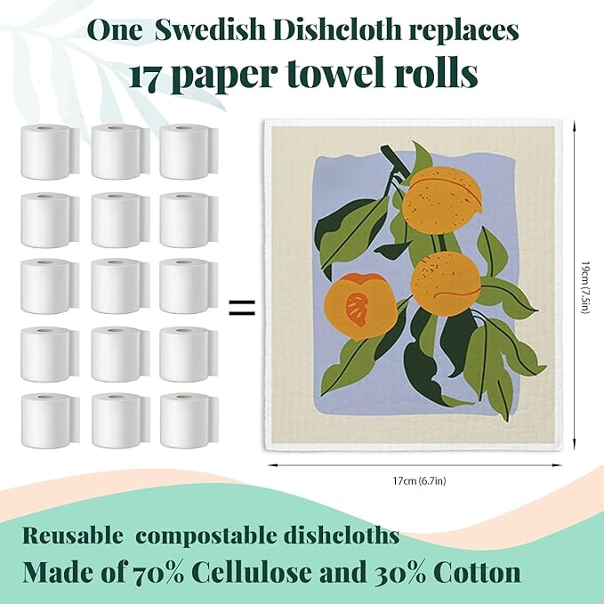 LARTSFRO Swedish Dishcloths for Kitchen, Papaya Reusable Paper Towels Washable, Oranges Peach Lemon Colorful Swedish DishCloths for Friut, 4 Pack Dish Towels for Kitchen