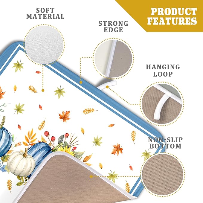 Fall Pumpkin Dish Drying Mat for Kitchen Counter 16×18 Inch Blue Dishes Pad Washable Thanksgiving Dish Rack Pad Drainer Mat Autumn Absorbent Reversible Microfiber Dish Drying Pad for Coffee Bar