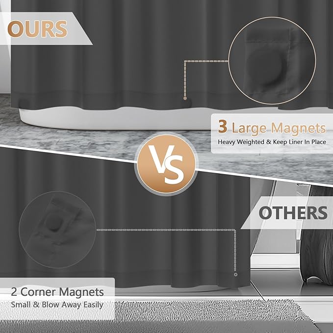 72 x 78 inch Extra Long Fabric Shower Curtain Liner Charcoal Grey, Waterproof Cloth Shower Liner with 3 Large Magnets, Bathroom Dark Grey Long Shower Curtain Liner Machine Washable