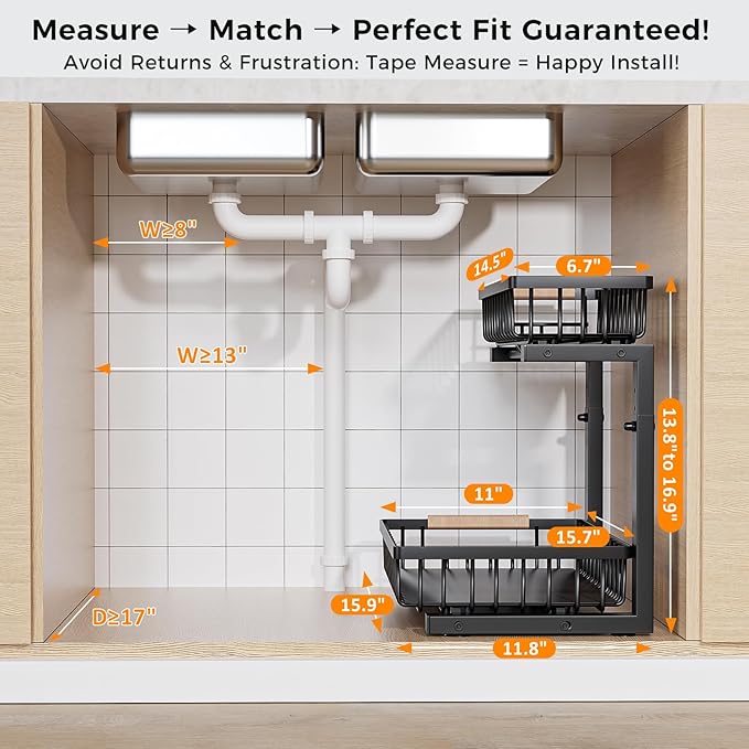 ENRUNEST Under Sink Organizer,2 Pack Under Kitchen Sink Organizer,2 Tier Sliding-Out,5 Level Height Adjustable,Thickened Carbon Steel,Anti-rust Treatment,For Kitchen Bathroom Black