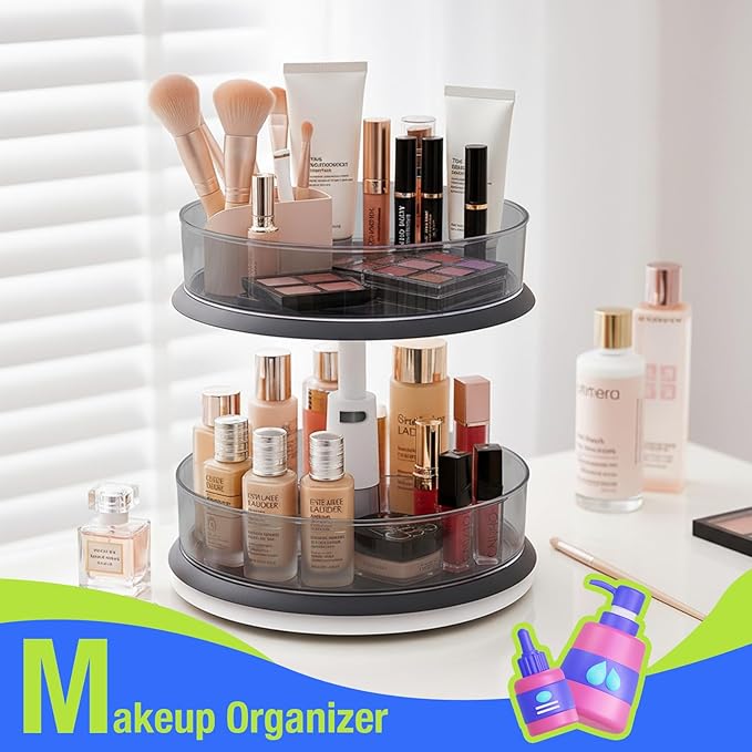 DIHUMK 2 Tier Lazy Susan Turntable Organizer for Medicine Cabinet Bottle Pantry Countertop with Clear Large Spice Rack 11 Inch Grey