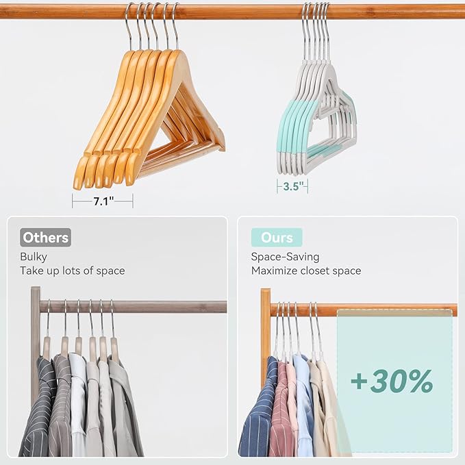 Pack of 50 Coat Hangers, Space-Saving Plastic Clothes Hangers, Non-Slip, 0.2 Inches Slim, 360° Swivel Silver Hook for Shirts, Pants, Suit & Wet/Dry Garments, Blue and White