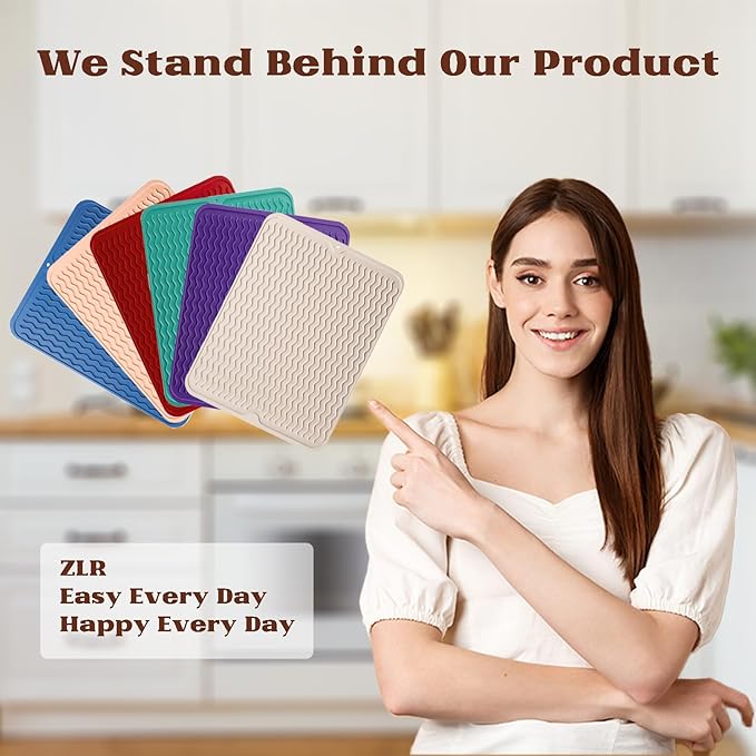 ZLR Silicone Dish Drying Mat 12" x 12" Square - Small Heat Resistant Trivet & Countertop Protector for Air Fryer, Coffee Maker - Waterproof Kitchen Drain Pad for Cups, Fruit (Dark Green)